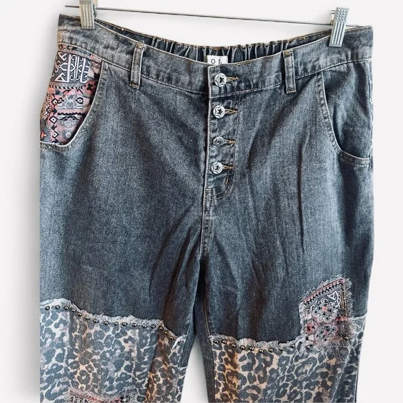 POL Studded Patch Jeans Size Large Charcoal Gray High Rise Button Fly Wide Leg - Picture 4 of 15